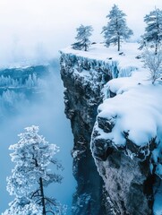 Wall Mural - Snow-covered cliff with tree