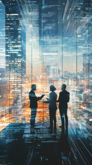 Poster - Business team working together using a futuristic interface in a modern office overlooking the city at night