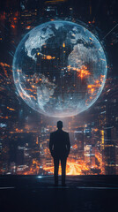 Poster - Businessman standing on a rooftop, gazing at a holographic projection of Earth above a glowing cityscape at night