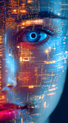 Leinwandbilder - Woman's face blending with digital data, revealing technological fusion and human-machine convergence through intricate network patterns