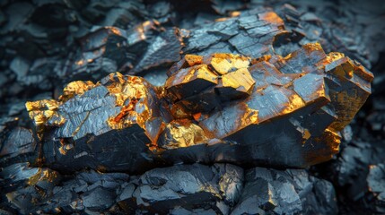 Aufkleber - A close up view reveals a black rock formation interspersed with gleaming golden veins, showcasing the striking contrast and intricate textures found in natural mineral deposits.