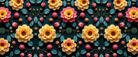 Wall Mural - A colorful floral pattern is displayed on a blue background. The flowers are made of paper and are arranged in a way that creates a sense of depth and dimension. Scene is cheerful and vibrant