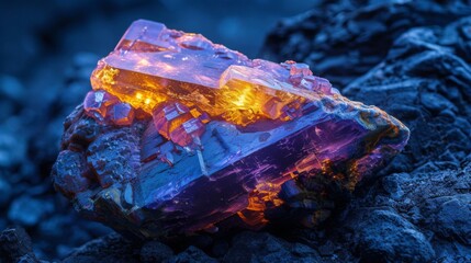 Aufkleber - A vibrant crystal formation featuring shades of purple and orange is illuminated against a backdrop of dark, rugged rock, showcasing its natural beauty during dusk.