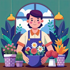 Wall Mural - Florist arranging flowers inside a bright shop