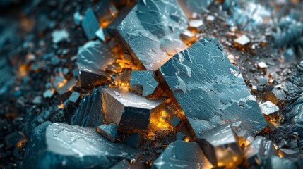Aufkleber - Metallic mineral formations sparkle with orange luminescence in a dark environment, showcasing their intricate textures and dynamic colors. This captivating arrangement captivates the viewer.