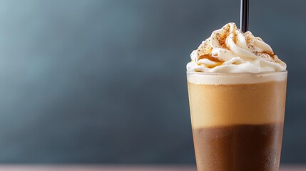 Wall Mural - Iced coffee topped with whipped cream and caramel served in a tall glass with a straw