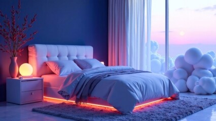 Wall Mural - A bedroom with a white bed and a white nightstand. The bed is lit up with lights and there is a vase with flowers on the nightstand. The room has a cozy and inviting atmosphere