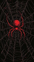 Red spider hangs suspended within its complex web design