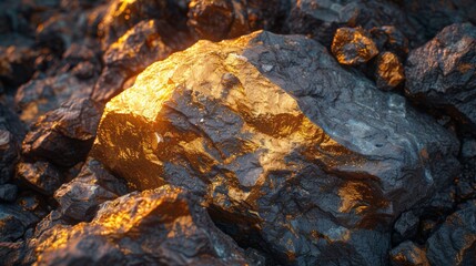 Aufkleber - Glimmering rock surfaces showcase striking golden veins illuminated by warm light in a rugged terrain, highlighting the mineral richness found in this remote location at dusk.