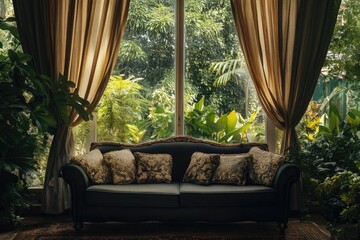 Wall Mural - Black couch with view