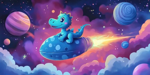 Wall Mural - Cartoon dragon joyfully flies through space on a rocket