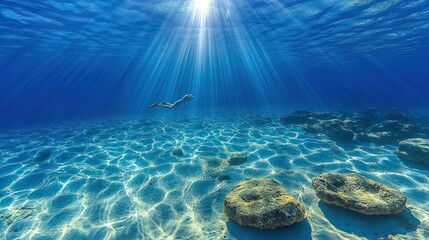 Underwater woman swims, sun rays, ocean floor, travel brochure