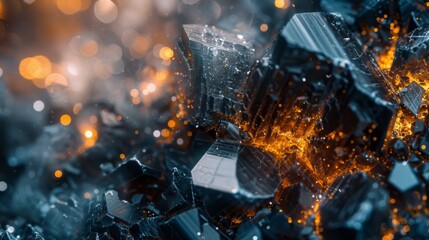 Leinwandbilder - Intricate close up of dark crystalline structures illuminated by vibrant orange highlights creates a mesmerizing visual effect, emphasizing texture and contrast.