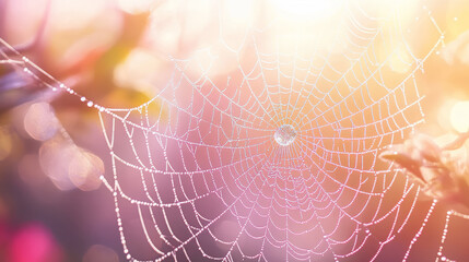 A spider web with dewdrops illuminated by sunlight, surrounded by a pastel and bokeh-filled ethereal scene, Generative AI