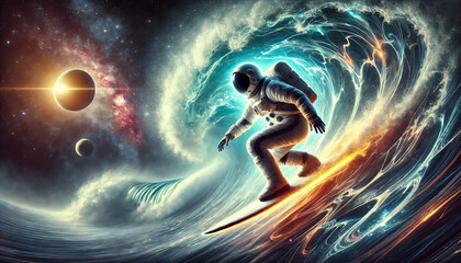 Wall Mural - A surreal image of an astronaut surfing a giant wave in space