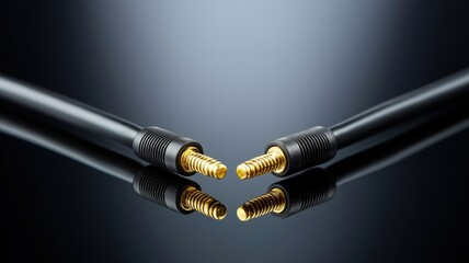 Cable for audio transfer. Close-up of two audio cables with gold connectors against a dark background.