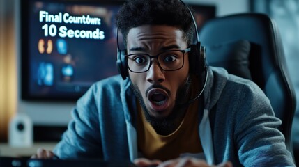 Leinwandbilder - A man wearing glasses and a headset is playing a video game