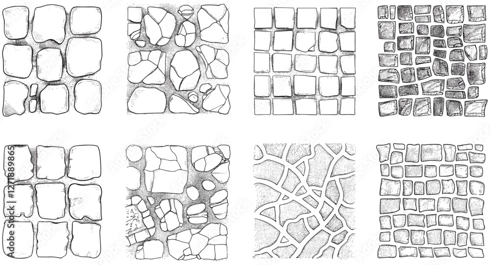 Vector illustration set of hand drawing paving stone and brick textures ...