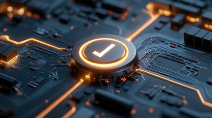 Poster - A glowing check mark is displayed on a circuit board