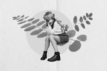 Wall Mural - Composite collage image of minded girl sitting plant branch brainstorming flower instead head isolated on drawing background