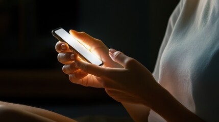 Poster - A woman is holding a cell phone in her hand, with the screen lit up