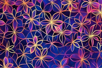 Wall Mural - Stylized floral pattern with overlapping, multi-petaled flowers in shades of purple, pink, and gold on a dark blue background. The design resembles stained glass or a mosaic