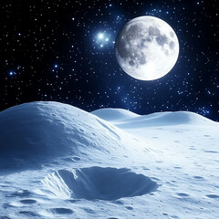 Wall Mural - Moon surface with craters under a starry sky and the full moon creating a cold celestial landscape.