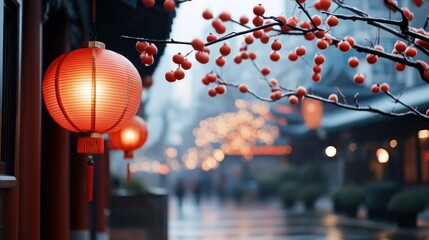 Bright red lanterns hang gracefully along a decorative street adorned for Chinese New Year creating a festive spirit