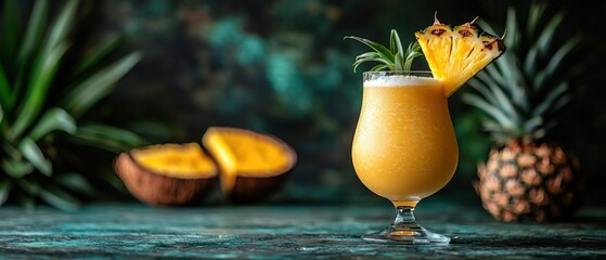 Refreshing pina colada cocktail with rum tropical pineapples bar setting vibrant colors summer vibes