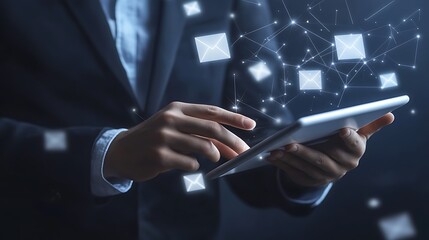 Businessperson using tablet, digital emails.