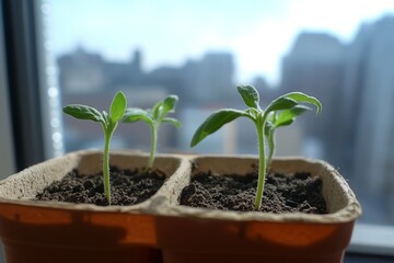 Poster - Seedlings of tomatoes on the window