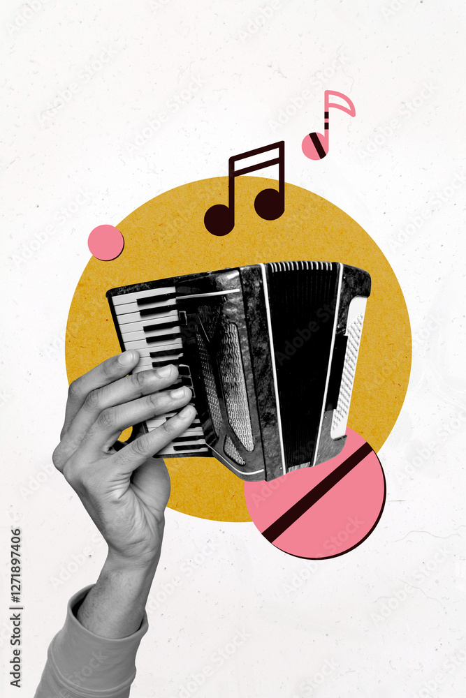 Keypad Drawing Music Foto Art image vertical photo collage of hand play accordion music ...