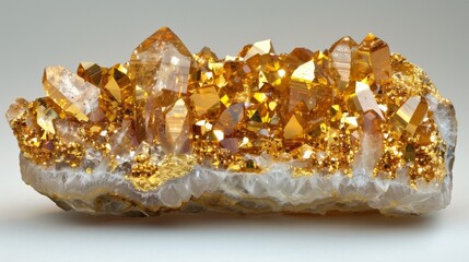 Fototapete - Glittering cluster of golden quartz crystals displayed against a neutral backdrop captures the intricate textures and shapes of each crystal, highlighting natural elegance and charm.