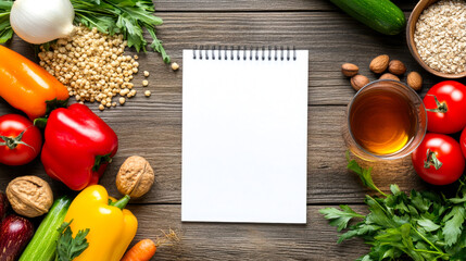 Wall Mural - A colorful arrangement of fresh vegetables, grains, and nuts surrounds a blank notepad, suggesting meal planning or healthy recipes on a rustic wooden table.