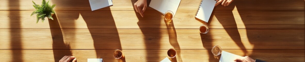 Poster - Contemporary Scandinavian Workspace Minimalist Wooden Table with Beverages and Documents - Enhancing Collaborative Office Culture for Millennial-Focused Business Productivity