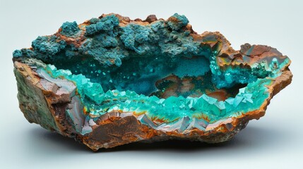 Fototapete - This captivating mineral specimen displays a rich combination of vibrant turquoise hues and intricate crystal formations, set within a rugged rock exterior, highlighting geological artistry.