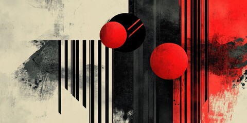 Wall Mural - abstract artwork featuring red circles and black stripes