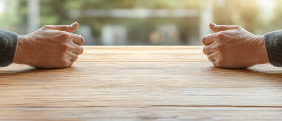 Poster - Contemporary Collaborative Workspace Wooden Surface with Gesturing Hands in Natural Light - Modern Business Communication and Interactive Dialogue for Dynamic Office Settings