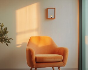 Poster - Mid-Century Modern Therapy Room Plush Orange Armchair with Minimalist Lighting - Inviting Mental Wellness Environment and Contemporary Counseling Content
