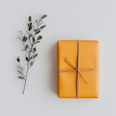 Fototapete - Minimalist Gift Display Bold Orange Wrap with Natural Twine and Foliage on White - Contemporary Holiday Merchandising and Eco-Friendly Promotion
