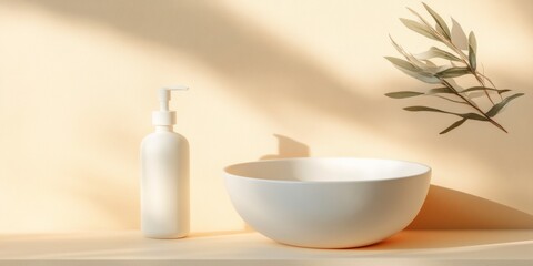 Fototapete - Minimalist Beauty Display Ergonomic Ceramic Bowl and Pump Bottle on Earthy Tones - Modern Salon Decor and Sustainable Haircare Merchandising