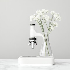 Poster - Minimalist Lab Aesthetic Microscope with Babys Breath in Glass Flask on Marble - Modern Scientific Branding and Laboratory Design for Clean Innovation