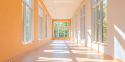 Leinwandbilder - Minimalist Office Corridor Light-Filled Wooden Flooring with Energy-Efficient Windows - Modern Workspace Design for Enhanced Productivity and Sustainability