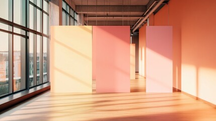 Leinwandbilder - Contemporary Art Gallery Design Vibrant Open Space with Wooden Floors and Pendant Lighting Cultural Hub for Modern Interactive Exhibitions and Community Engagement