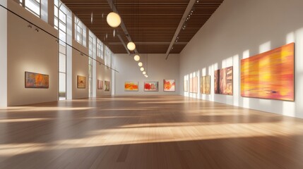 Leinwandbilder - Contemporary Minimalist Museum Space Wooden Floors and Pendant Lighting in Art Gallery - Cultural Venue for Creative Showcases and Art Appreciation