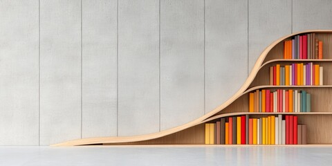 Poster - Curved Wooden Bookshelf Wall Modern Library Interior with Leather-Bound Collections - Educational Design and Knowledge Hub for Inspiring Learning Spaces