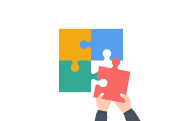 Wall Mural - Hand assembling together jigsaw puzzle pieces. Businessman arm putting puzzle pieces together. Concept of missing link of project, solving of problems and business solution. Vector.