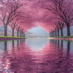 Wall Mural -  lakefront cherry blossom tunnel