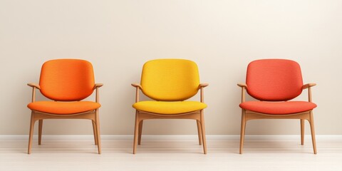 Poster - Mid-Century Modern Vibrant Seating Trio of Textured Wooden Chairs for Office Spaces - Contemporary Interior Design and Lifestyle Decor Enhancement