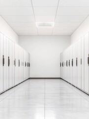 Poster - Minimalist Data Center Corridor Sleek White Server Cabinets and LED Indicators - Advanced Digital Infrastructure and Cloud Solutions for Tech-Driven Business Efficiency